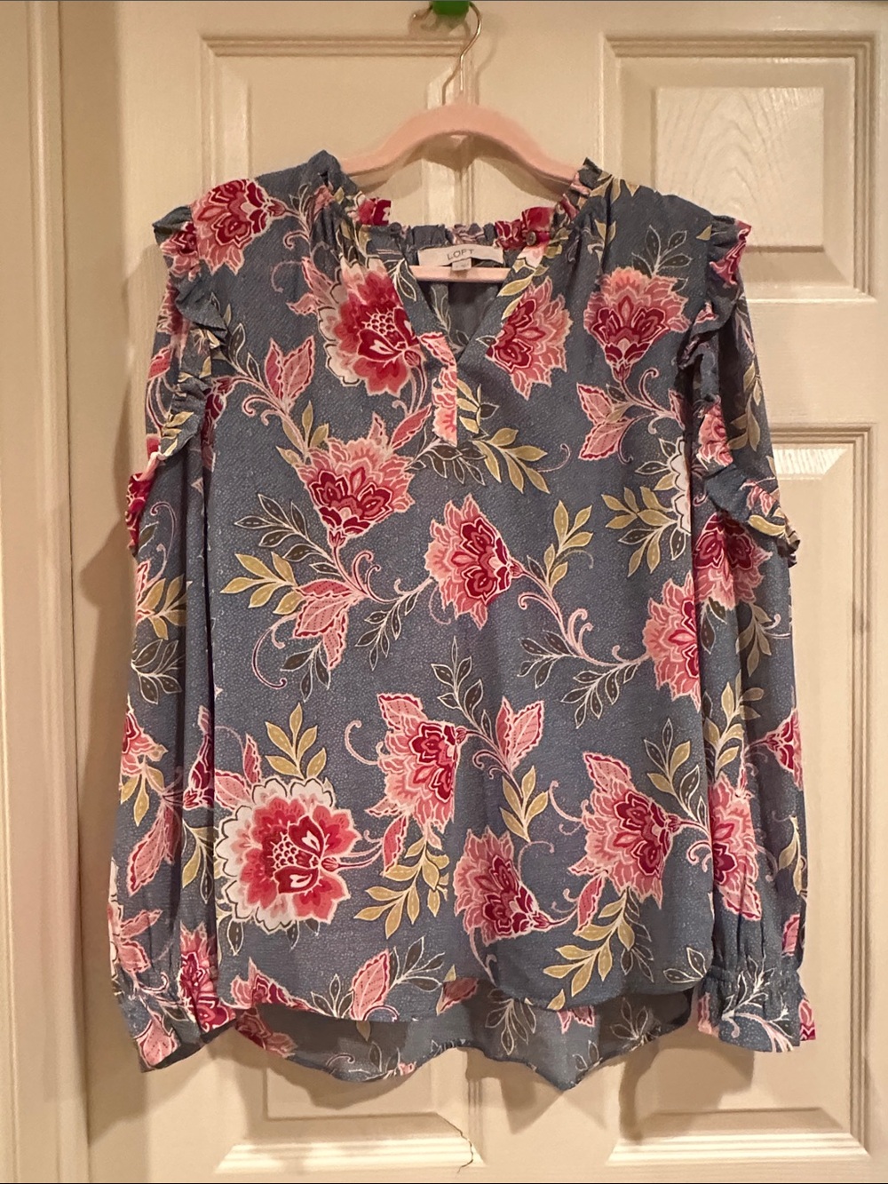 LOFT Blue Floral Ruffle Cold-Shoulder Blouse